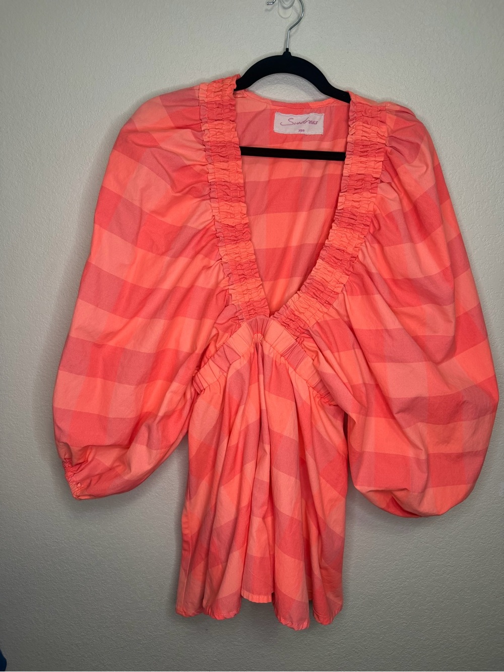 Sundress Alicia Romper XS/S Pink Orange Plaid Big Gingham Puff Sleeve V-Neck